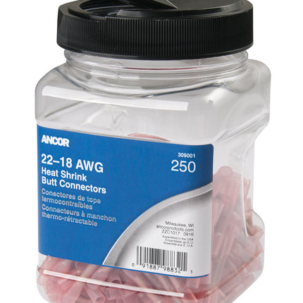 Ancor 22-18 Butt Connector Heat Shrink Red 250 Pack Jar