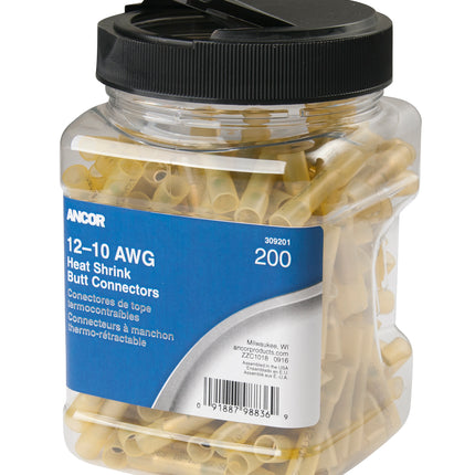 Ancor 12-10 Butt Connector Heat Shrink Yellow 200 Pack Jar
