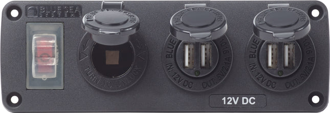 Blue Sea Water-Resistant 12V 15A Circuit Accessory Panel 12v Socket and Dual USB x 2